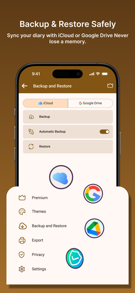 Daynote app interface for safe backup and restore using iCloud or Google Drive
