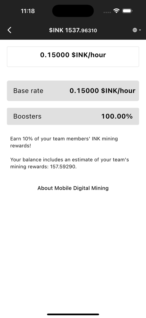 cPen Network - cPen Network interface showing current INK token mining rate and team referral bonuses