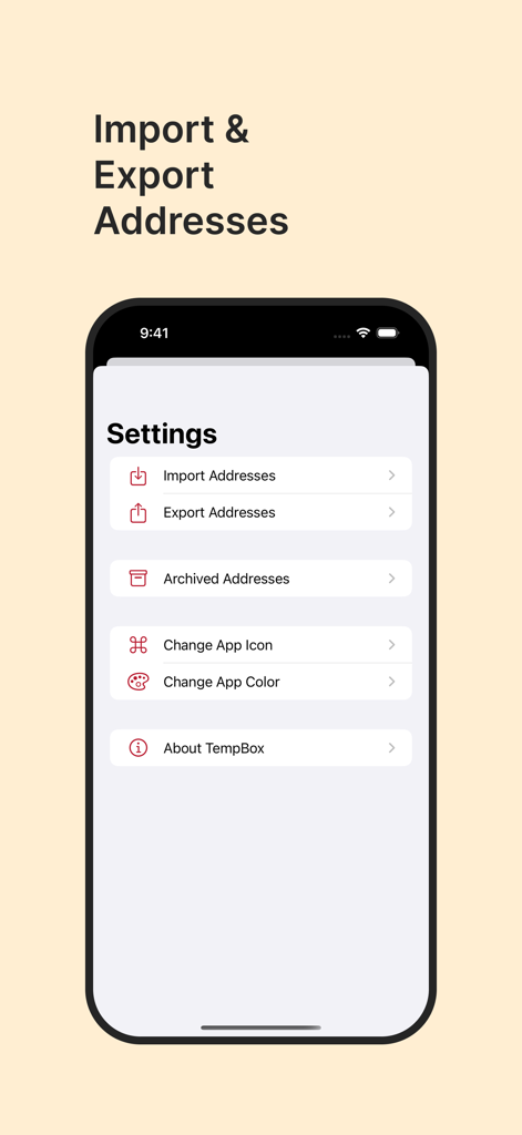 TempBox - Temp Mail - TempBox settings screen displaying options to import and export email addresses.