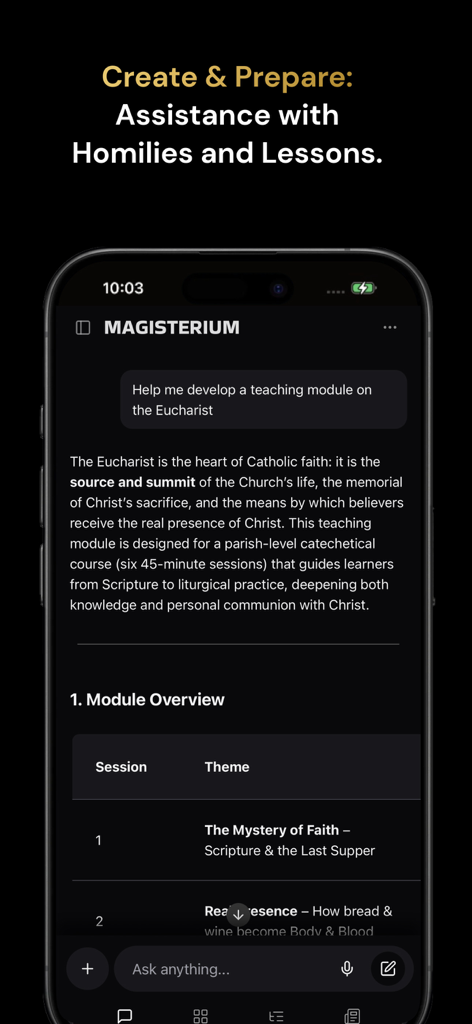 The Magisterium AI app interface showing a generated teaching module about the Eucharist for homily and lesson preparation.