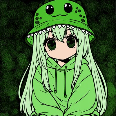 girl with anime shaped eyes with a dinosaur bucket hat oversized sweatshirt long straight hair