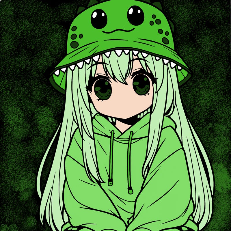 girl with anime shaped eyes with a dinosaur bucket hat oversized sweatshirt long straight hair