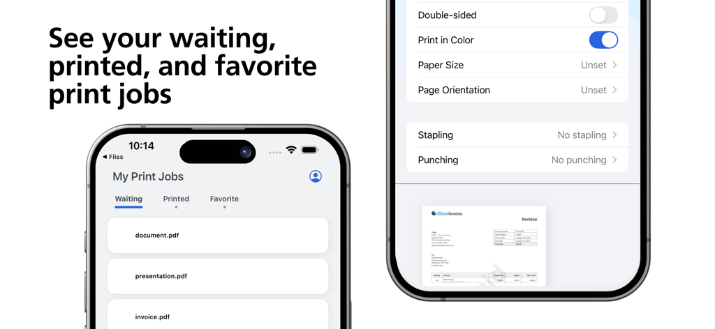 RICOH CloudStream - Interface of RICOH CloudStream app showing a list of waiting print jobs and mobile print settings for color and paper size.