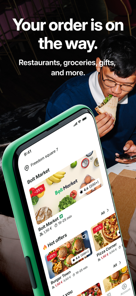 Bolt Food - Pantalla de smartphone mostrando la app Bolt Food con descuentos de restaurantes y opciones de entrega de comestibles.