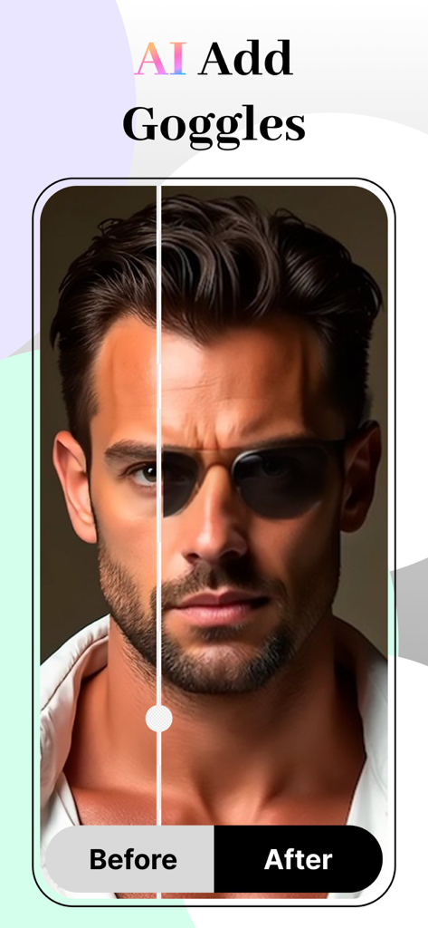 Eye Color Changer -Enhance Eye - Before and after comparison of AI generated goggles added to a man portrait