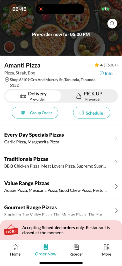Amanti Pizza mobile app screen showing pizza menu categories and delivery or pickup ordering options