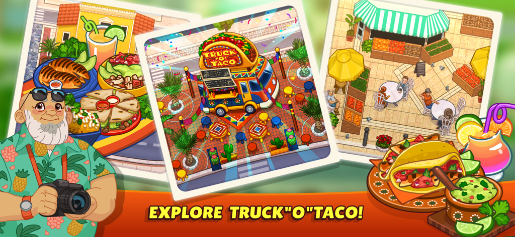 Kitchen Scramble 2: World Cook - Un fotógrafo de pie junto a instantáneas del camión de comida Truck o Taco y comidas mexicanas