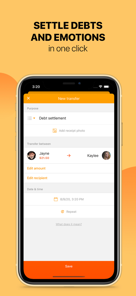 Screenshot of Settle Up app showing a debt settlement transfer between two people