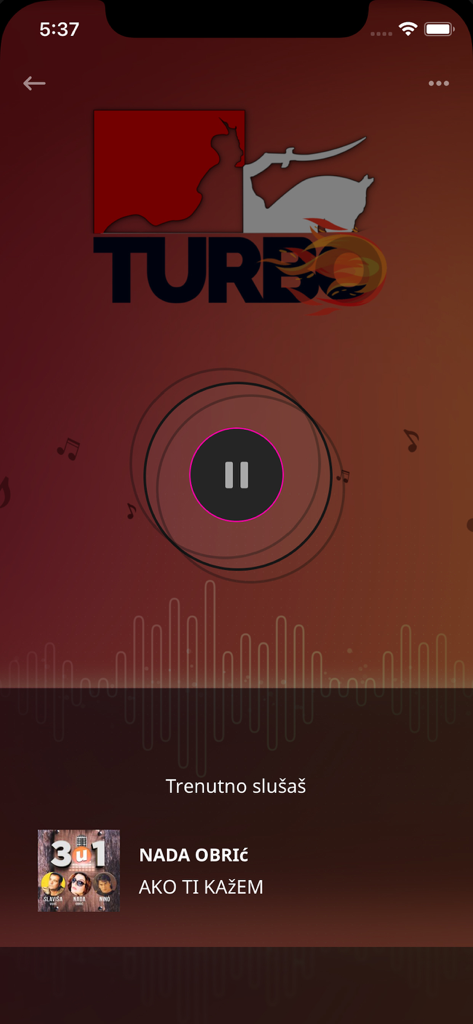 Radio Banovina - Radio Banovina app music player screen displaying the current song by Nada Obric with a play pause button and audio waveform
