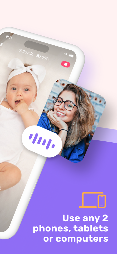 A mother and baby connected via two devices using the Bibino baby monitor app