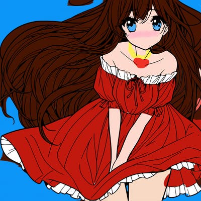 manga girl with long flowing hair and a dress that is pushed down