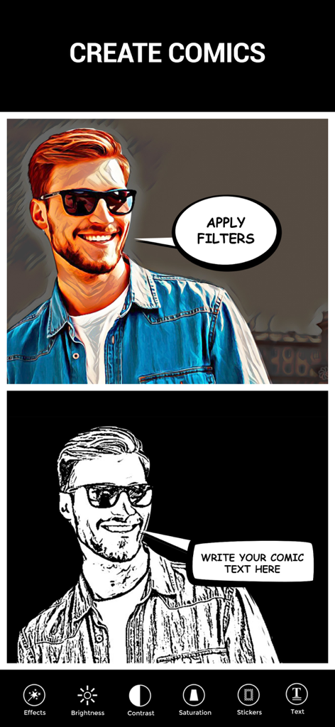 Photo To Cartoon Yourself Edit - Una interfaz de edición de fotos estilo cómic con filtros de caricatura en color y blanco y negro y bocadillos.