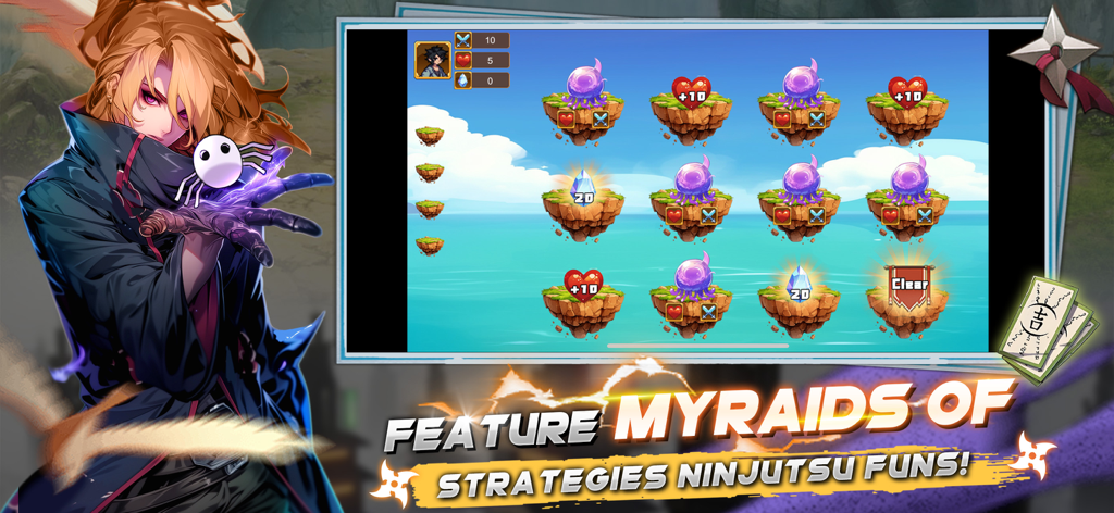 ULTIMATE NINJYA: Fire Storm - Cuadrícula de batalla estratégica con islas flotantes y personaje de anime en Ultimate Ninjya Fire Storm