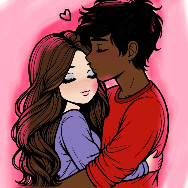 a realistic couple boy and girl hugging and kissing
