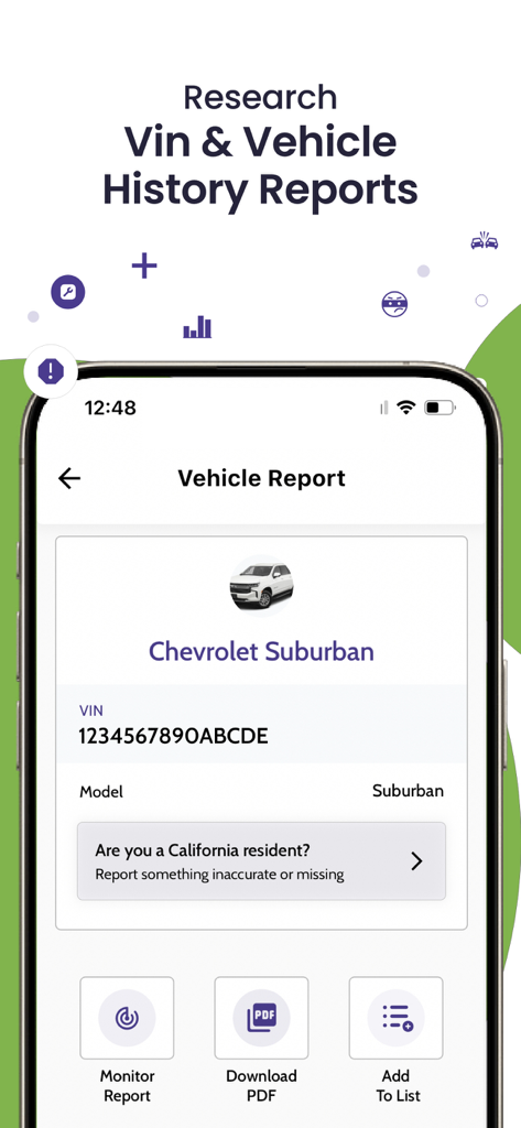 A smartphone screen displaying a BeenVerified vehicle report for a Chevrolet Suburban showing the VIN and options to download a PDF.