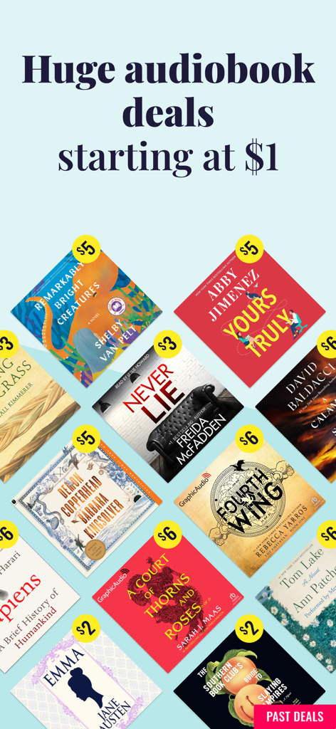 Chirp-App-Bildschirm, der riesige Hörbuch-Angebote ab 1 Dollar mit verschiedenen beliebten Buchcovern und niedrigen Preisschildern anzeigt.
