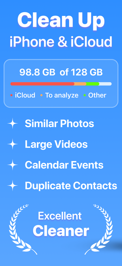 Interfaz de la aplicación One Cleaner mostrando análisis de almacenamiento y funciones de limpieza para fotos, videos y contactos