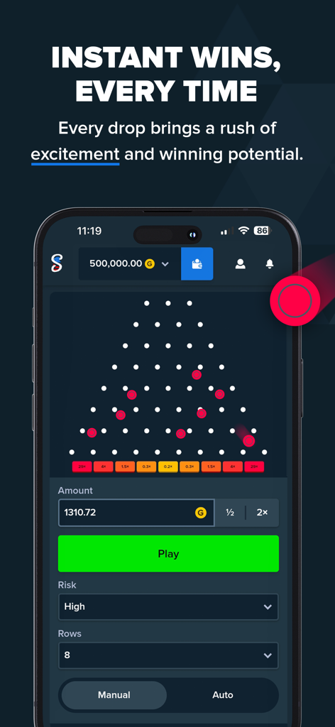 Stake.us mobile app interface showing a Plinko game with red balls dropping through a peg pyramid for instant wins.