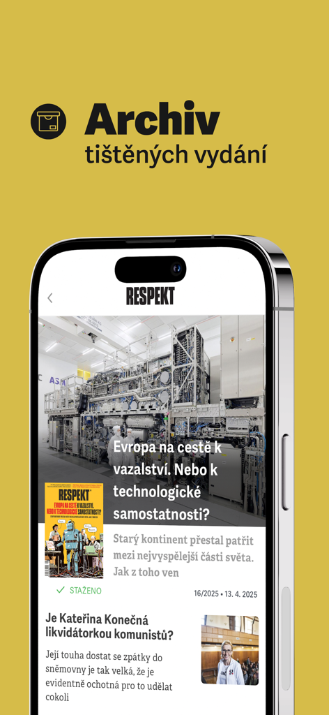 Respekt - Interfaz de la aplicación móvil Respekt mostrando el archivo de ediciones impresas en checo