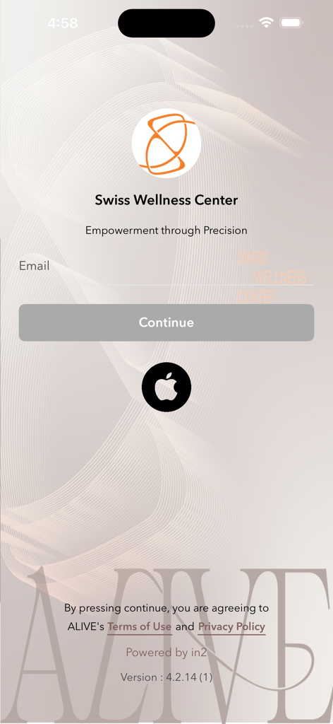 ALIVE - 이메일 및 Apple 로그인 옵션이 있는 Swiss Wellness Center용 ALIVE 앱 로그인 화면