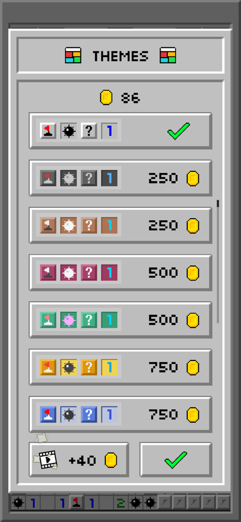 Minesweeper Classic: Retro - Écran de sélection des thèmes dans Démineur Classique Rétro avec diverses options de couleurs et prix en pièces