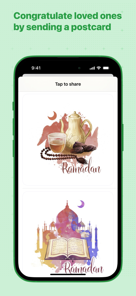 A smartphone screen showing various digital Ramadan greeting cards and postcards to share with loved ones.