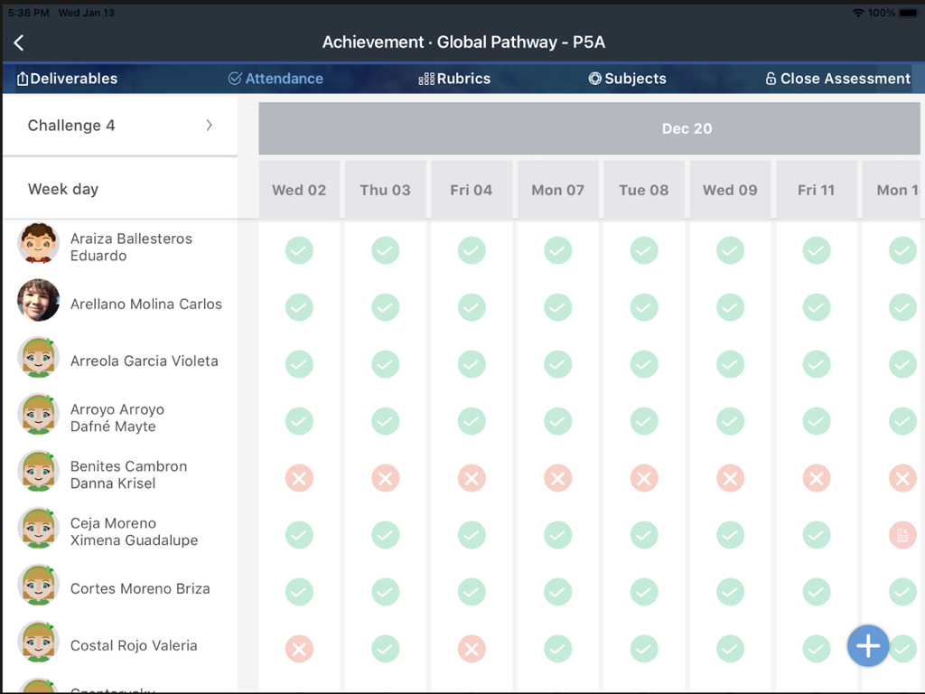 Digital attendance and achievement tracking dashboard for students in the Knotion DEP app interface