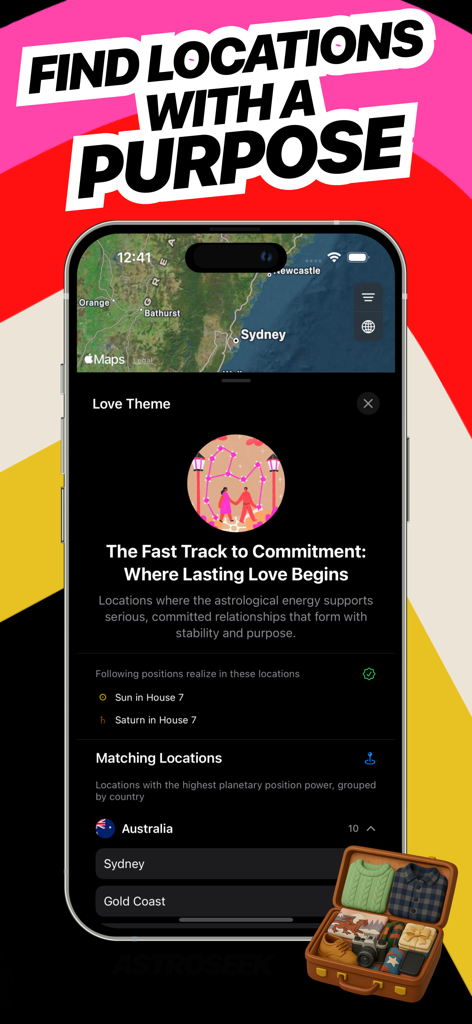 Astrocartography - Pathfinder - Aplicación Astrocartography Pathfinder que muestra la pantalla del Tema Amor con ubicaciones coincidentes para un amor duradero
