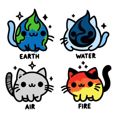 4 cats that represent the different elements, earth, water, air, and fire