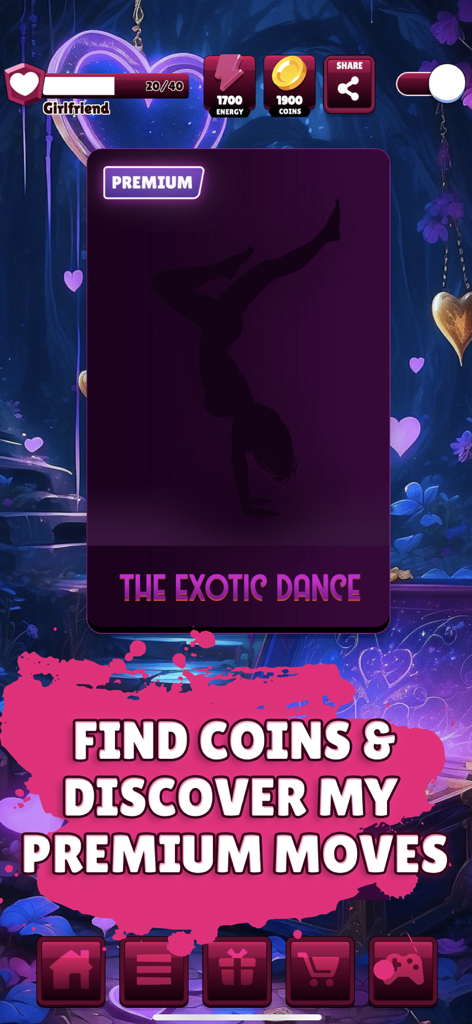 Pocket Love - Gamer Girl - Pocket Love Gamer Girl app interface showing a premium exotic dance move card with a silhouette