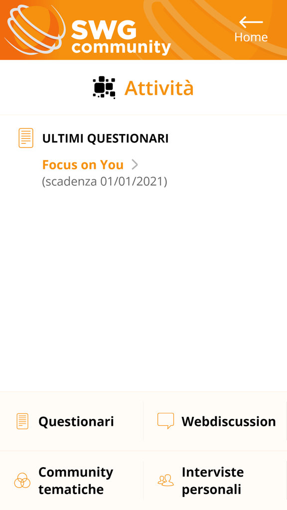 SWG Community - Interface of the SWG Community app activities screen showing latest questionnaires and discussion options