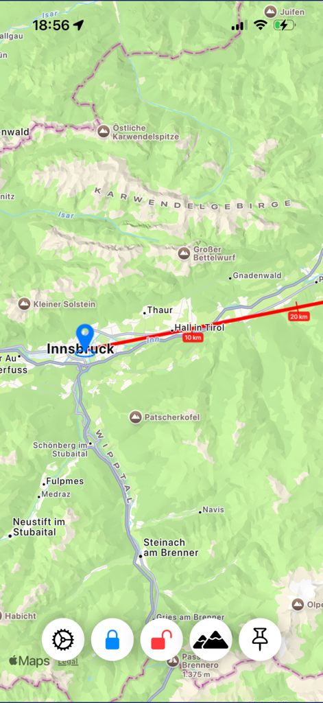 Direction explorer - Direction Explorerの地図インターフェース。ピーク識別のための距離マーカー付きの赤い方位線が表示されている。