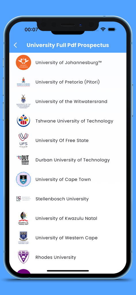 University Qualifications - A list of South African university prospectuses including University of Johannesburg, Cape Town, and Stellenbosch within the app.