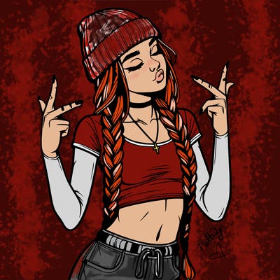realistic teenage girl with braids and a beanie and crop top doing 🫶🏼