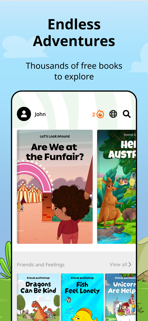 Booktime - Booktime app home screen showing a selection of free illustrated children stories