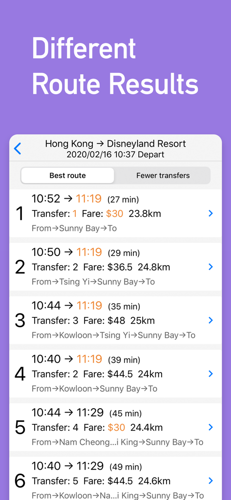 MetroMan Hong Kong - MetroMan Hong Kong app interface showing a list of different metro route results with travel times, fares, and transfer details.