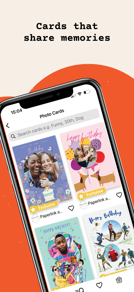 A mobile interface of the thortful app showing various personalized photo card designs with the headline Cards that share memories.