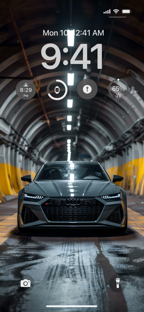 iPhone lock screen displaying a high-resolution AI-generated sports car wallpaper in a tunnel