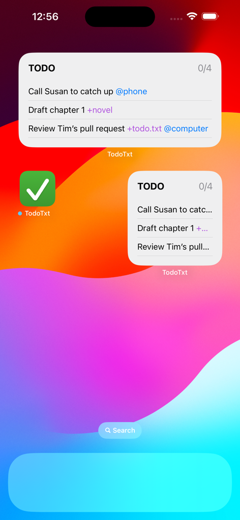 TodoTxt++ - TodoTxt plus plus app widgets on iPhone home screen showing task lists with tags and projects