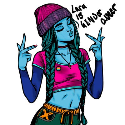 realistic teenage girl with braids and a beanie and crop top doing 🫶🏼