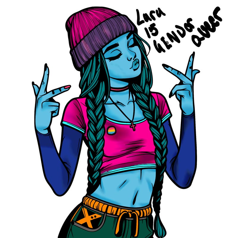 realistic teenage girl with braids and a beanie and crop top doing 🫶🏼