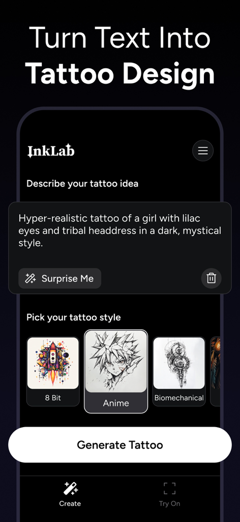AI Tattoo Generator - InkLab - InkLabアプリのインターフェース。さまざまなアートスタイルのオプションを使用して、テキストプロンプトからカスタムタトゥーデザインを生成する方法を表示