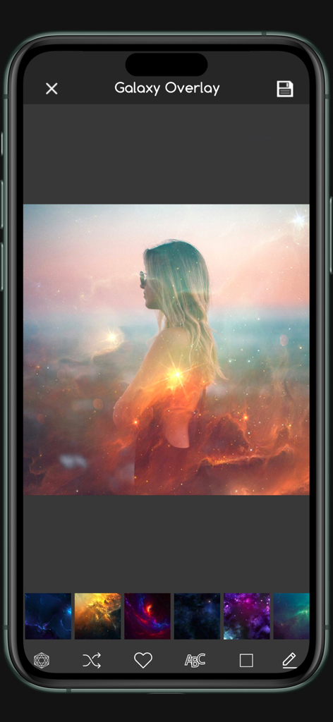 Effetto sovrapposizione galassia su una foto di ritratto nell'app blender