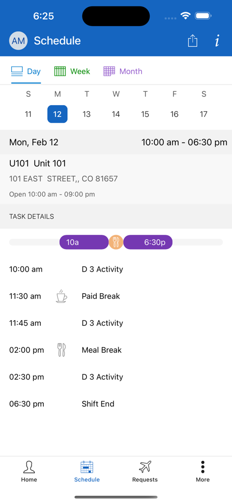 ESS 45 Zebra - ESS 45 Zebra app schedule screen showing shift hours and break times