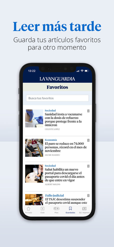 La Vanguardia - Una pantalla de teléfono móvil que muestra la sección de favoritos y leer más tarde de la aplicación de noticias La Vanguardia