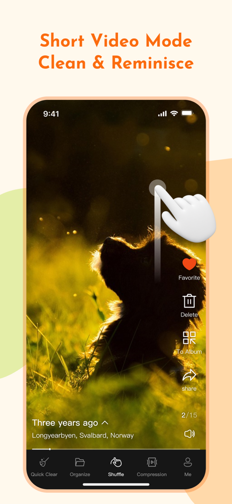 Photo Deleter: Photo Cleaner - Interfaz de la aplicación Doggy Cleaner mostrando el modo de revisión de video corto con un video de un perro y opciones para eliminar o guardar