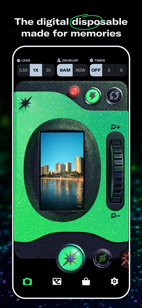 Interface of the Dispo app showing a green glittery retro camera design with a viewfinder