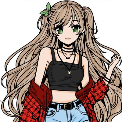 hot anime girl with long hair wearing a crop top and jorts