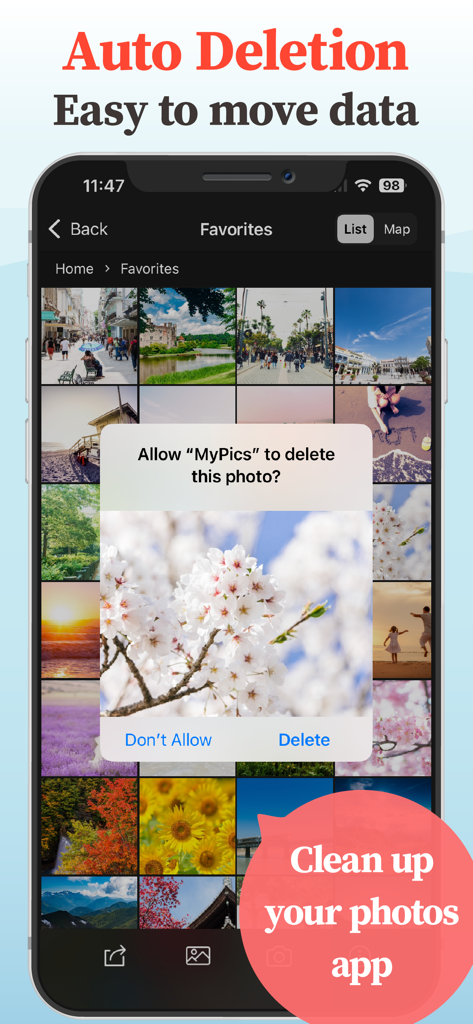 Smartphone screen displaying the MyPics app interface with a prompt to delete a photo for library cleanup