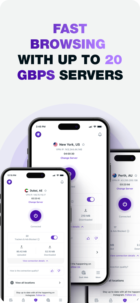PureVPN: Fast and Secure VPN - PureVPN app interface on iPhones showcasing fast browsing with 20 Gbps servers and global locations